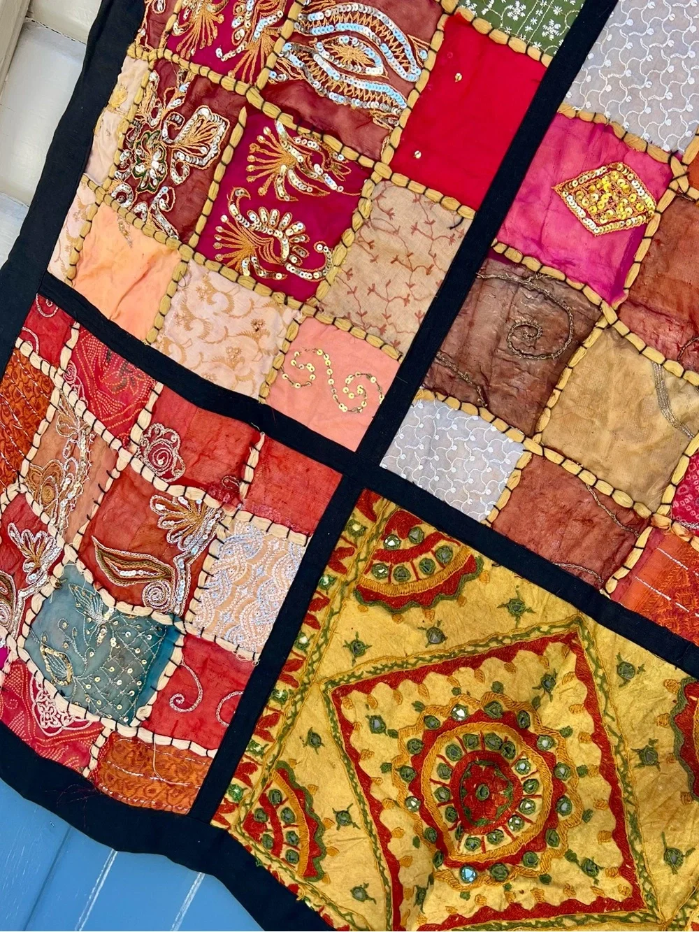 Vintage Pier 1 Imports Indian Patchwork 2000s Y2K Boho Boho Embroidered Wall Art